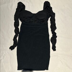 VENUS Black Bodycon Dress with Sheer Ruched Arm Detail